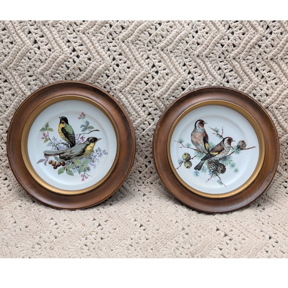 Schumann Arzberg Bavaria Bird Decor Plates Framed Wood Gold Rim Set of 2 Germany